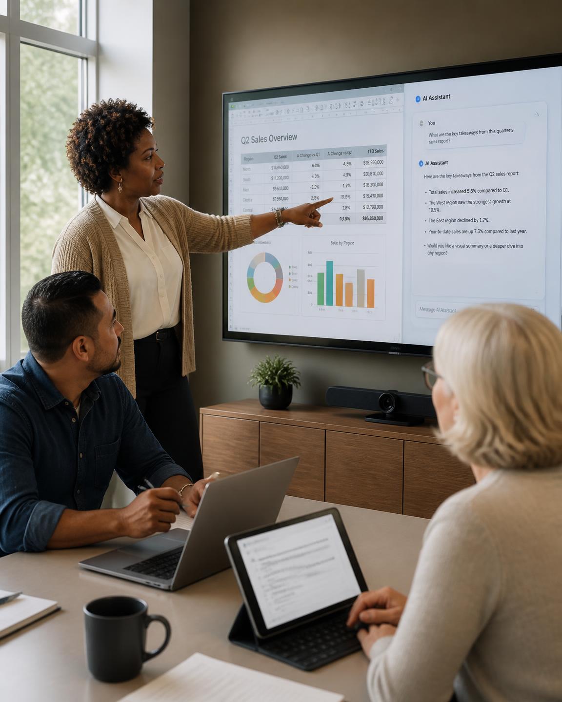 Instructor and diverse adult learners reviewing an AI assistant and data dashboard on screen during applied AI literacy training